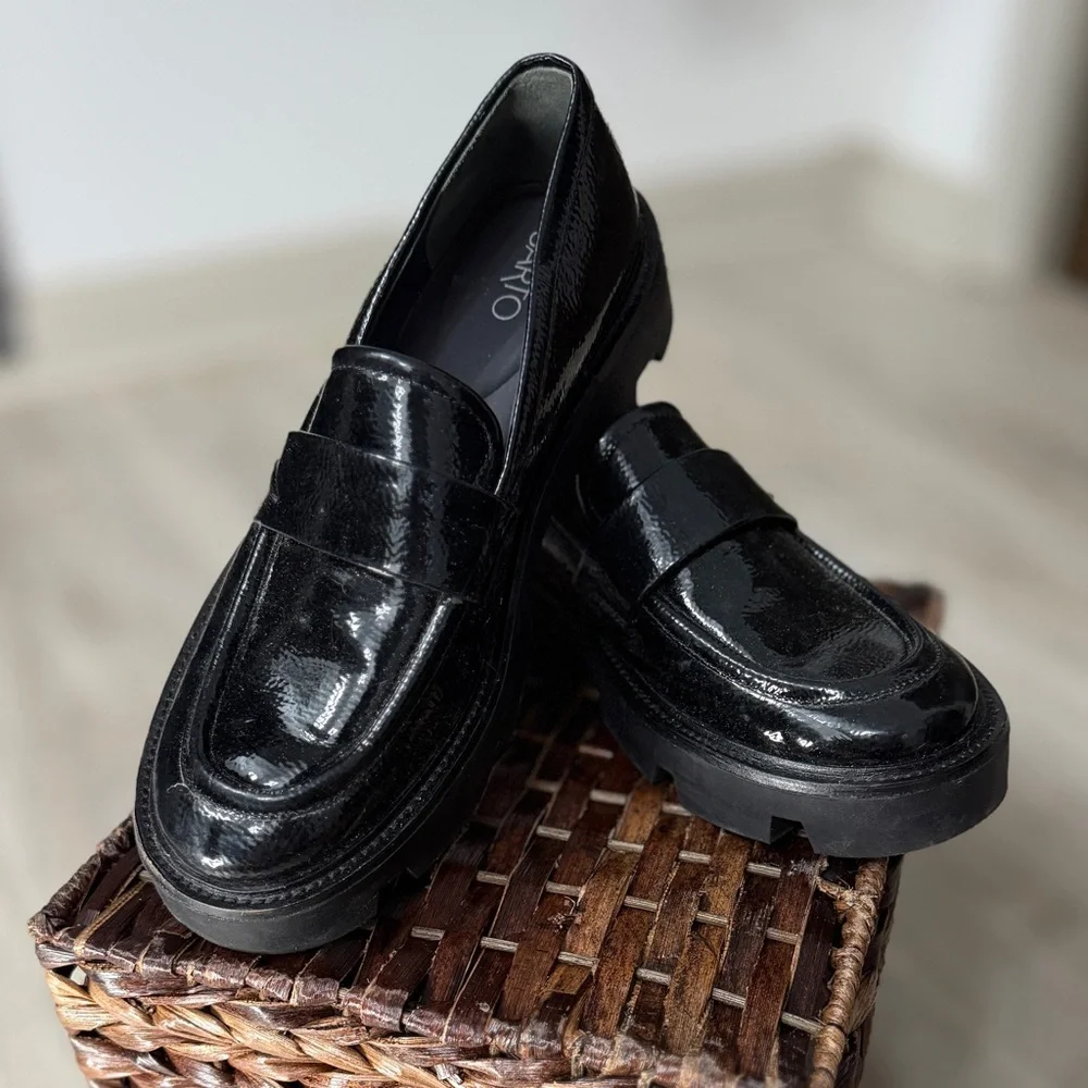 Sarto by Franco Sarto Black Crinkled Patent Leather Lug Sole‎ Penny Loafers